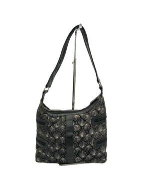 Dan W Black Leather Embroidered Shoulder Bag Floral Fan Stitch Zip Purse